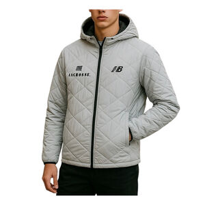 New Balance Lacrosse Grey Puffer Jacket Quilted Coat Hooded Front Zip Size SMALL